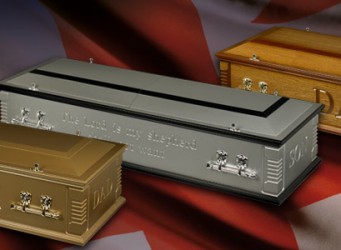 The new Britannia casket in gold, silver and black, and medium oak