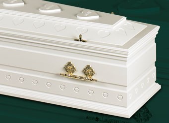 Close up details of the new, Valentino coffins with keepsake wooden hearts, from Steve Soult Limited