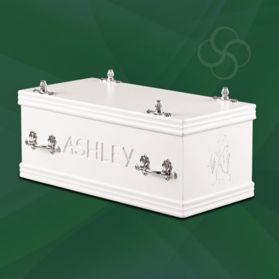 white childrens lullaby casket with engraved name and picture