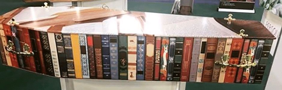 'Best Seller' PERSONA wooden printed coffin for book lovers and bookworms at the National Funeral Exhibition 2019
