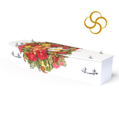 bouquet of multi-coloured roses on a persona colourful printed picture coffin