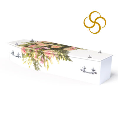 bouquet of pink roses on a persona colourful printed picture coffin