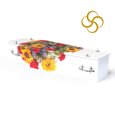bouquet of roses and sunflowers on a persona colourful printed picture coffin