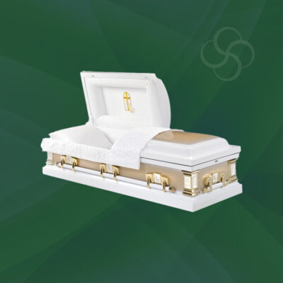 American casket with praying hands embroidered into the split lid.